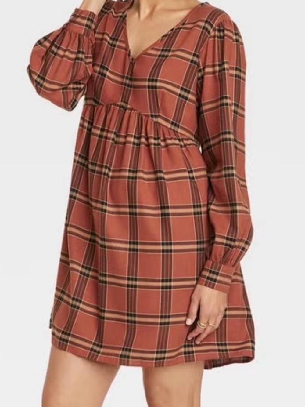 Knox Rose Rust Plaid Long Sleeve Babydoll Dress for Fall
